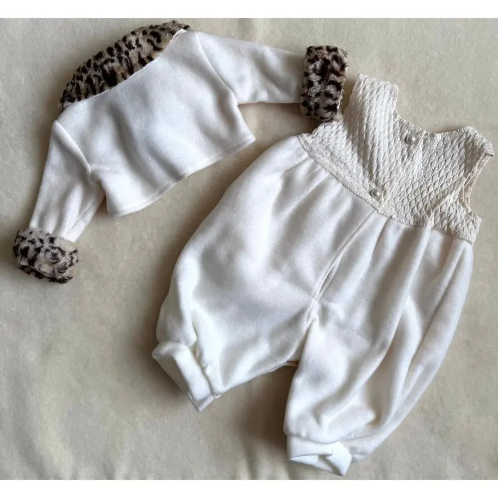 Vintage 90s Poly Kids 3-Piece Romper Set Girls Size 9-12M Ivory Leopard Faux Fur